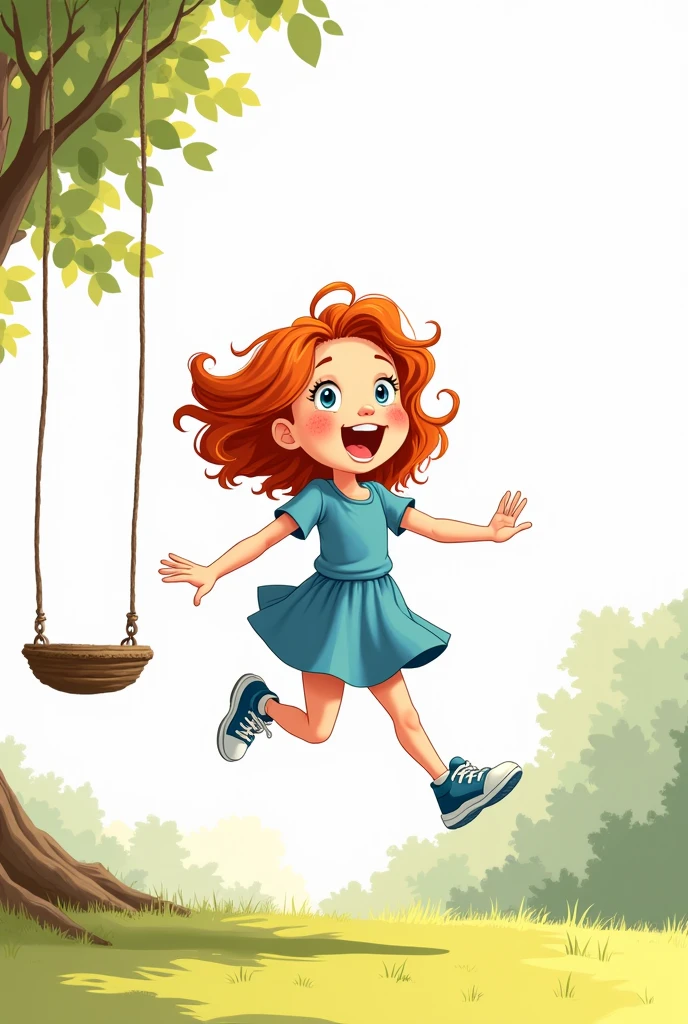 An 8 year old with red hair and freckles, wearing a blue dress and sneakers, is jumping for joy in a park. Ao fundo, there is an empty swing and a tree with a bird's nest. Artistic style: animated cartoon , thick black lines, white background. format: 1024x768 pixels, paisaje