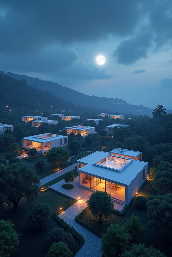 ((Best resolution:1.4)), ((high quality:1.2)), Work of art, 8k, extremely detailed, ((High detail:1.2)), cinematic photo, a very beautiful technological, modern houses and trees, mid night sky,