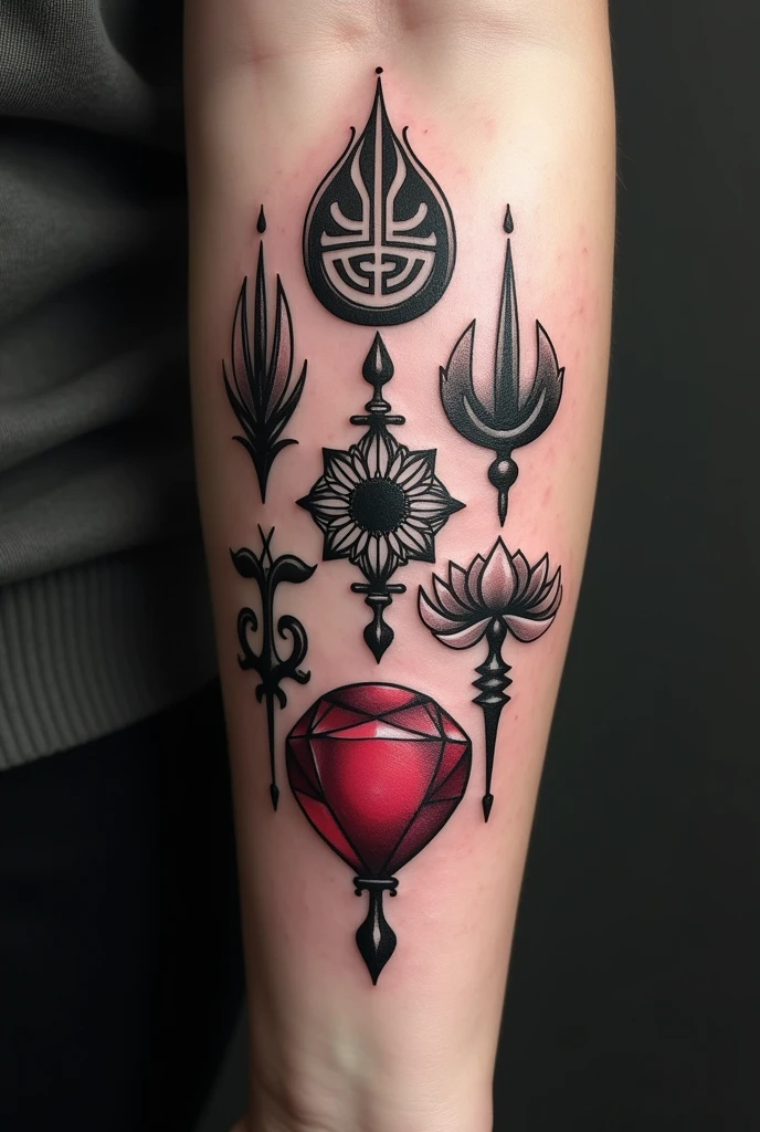 Realistic style tattoo, in black and white with a symbol of Taipei, a symbol of Perth, a paris symbol and a ruby