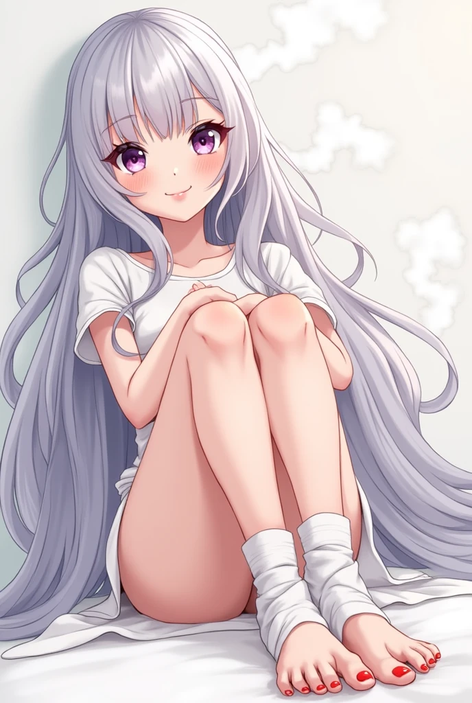 Gray Hair、anime、An illustration、Long Hair、Purple Eyes、beautiful girl、sole、Sweaty feet、Foot odor、White bandage socks、cute、画面に向けてsole見せる、It stinks、Cute ghost、steam、smile、完全なGray Hair、sole
