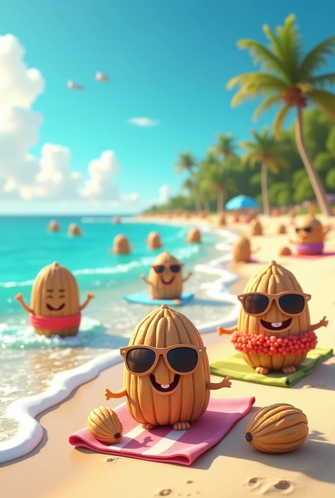 Walnuts in swimsuits on the beach