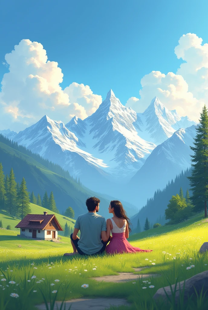 A couple sitting in meadow in front of beautiful house having snow clapped himalayas on background. Lady have black spot on her chin. The sky is painted in artistic cloud written happy anniversary .