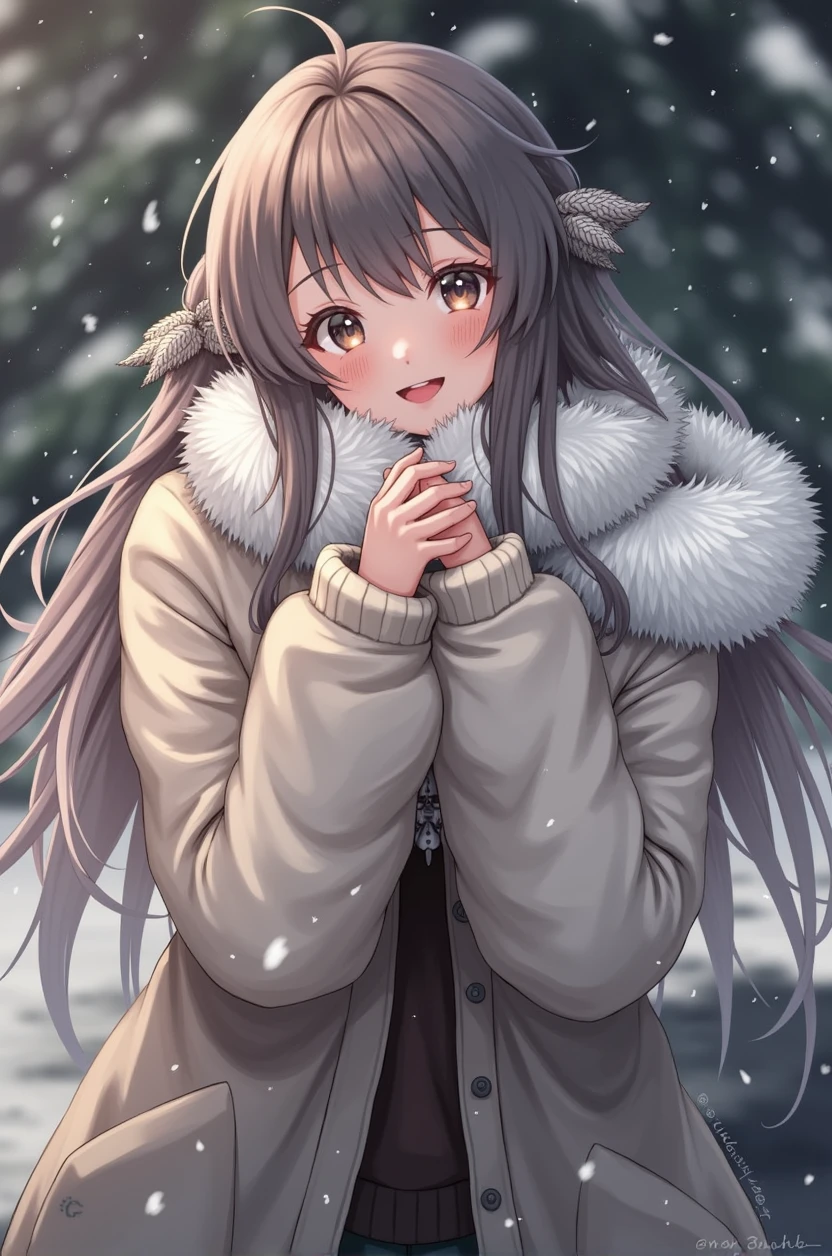masterpiece, Highest quality, (Beautiful girl :1.2), Winter clothes, coat, snow day, Give me a hug, Breath