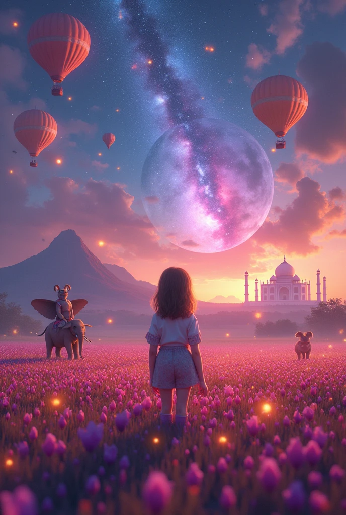 Vast landscape photography , (A view from Top, floating clouds above and the North Indian wide fields below), A girl standing in a colour pencil field looking up, the sky is reflecting bright glowing soft Galaxy, she is holding an Astronaut Mask, surrounded by colorful hot air balloons, (Elephants dressed as clowns: 1.9), (Flying cats: 1.9), (full beautiful moon:1.2), (Taj Mahal:2.1),(Kutub Minar:1.2)( shooting star:1.9), (nebula:1.3), Distant Mountain, Tree break Production Art, (Warm light source:1.2), (fire Fly:2.2), lamp, Lots of purple and orange, Intricate details, Volumetric lighting, Realism Break (masterpiece:1.2), (highest quality), 4K, Super detailed, (Dynamic configuration:1.4), HD Pixar detailed, Colorful details,( Rainbow-colored:1.2), (Shining Lights, Atmospheric lighting), dream-like, Magic, (alone:1.2), Detailed girl face