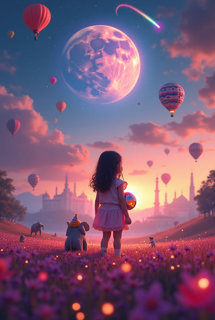 Vast landscape photography , (A view from Top, floating clouds above and the North Indian wide fields below), A girl standing in a flower field looking up, she is holding an Astronaut Mask, surrounded by colorful hot air balloons, (Elephants with butterfly wings: 2.2), (Clowns with big Hat: 2.2), (A small Pet Dog walking with the girl: 2.3), (full fantasy glowing Moon:2.2), (Taj Mahal:2.1),(Kutub Minar:1.2)( shooting star:0.9), (nebula:1.3), Distant Mountain, Tree break Production Art, (Warm light source:1.2), (fire Fly:1.2), lamp, Lots of purple and orange, Intricate details, Volumetric lighting, Realism Break (masterpiece:1.2), (highest quality), 4K, Super detailed, (Dynamic configuration:1.4), Very detailed, Colorful details,( Rainbow-colored:1.2), (Shining Lights, Atmospheric lighting), dream-like, Magic, (alone:1.2), Detailed girl happy face