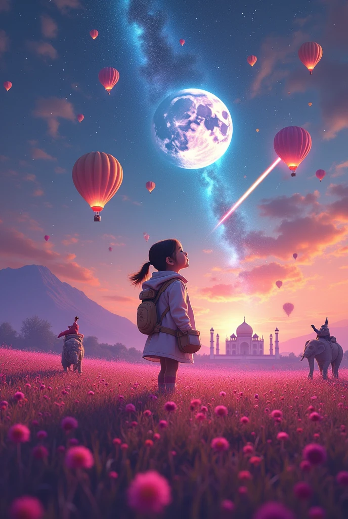 Vast landscape photography , (A view from Top, floating clouds above and the North Indian wide fields below), A girl standing in a colour pencil field looking up,  the sky is reflecting bright glowing soft Galaxy, she is holding an Astronaut Mask, surrounded by colorful hot air balloons, (Elephants dressed as clowns: 1.9), (Flying cats: 1.9), (full beautiful moon:1.2), (Taj Mahal:2.1),(Kutub Minar:1.2)( shooting star:1.9), (nebula:1.3), Distant Mountain, Tree break Production Art, (Warm light source:1.2), (fire Fly:2.2), lamp, Lots of purple and orange, Intricate details, Volumetric lighting, Realism Break (masterpiece:1.2), (highest quality), 4K, Super detailed, (Dynamic configuration:1.4), HD Pixar detailed, Colorful details,( Rainbow-colored:1.2), (Shining Lights, Atmospheric lighting), dream-like, Magic, (alone:1.2), Detailed girl face