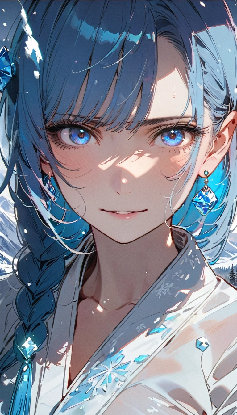 Nsfw,Snow Woman、Beautiful dark blue hair,Big Breasts、Long Hair,Yuki Onna,Cool look,White kimono,(high quality),(blue eyes、Perfect Eyes),(cheek),Narrow eyes,Adult women,Snowstorm in the background,Long sleeves,from_front,The kimono is transparent,skin is white,unamused,hair ornaments,mountain,straddle pov,from below