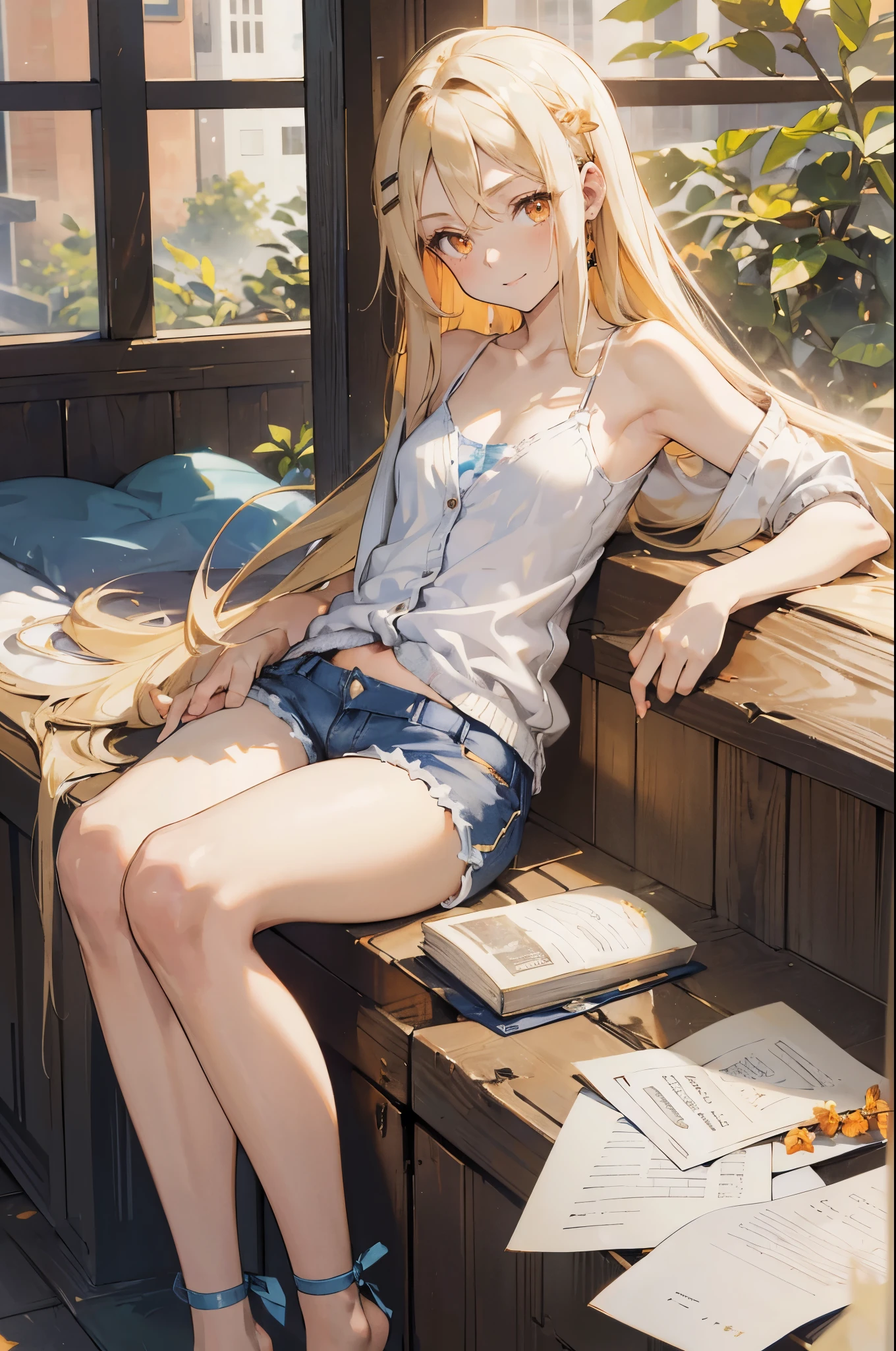 masterpiece, ultra detailed, 8k portrait, RAW photo, portrait photography, Highly detailed face, beautiful and meticulous eyes, (amber color eyes:1.5), 15 years old, smile, dancing in the theme park, (white thin camisole:1.5) and (LowriseXL blue shorts:1.5), (navel:1.2), (put on knee length long white summer cardigan:1.5), cute girl, long hair, (white blond shoulder length hair:1.5), show forehead, one side parted hair, hairpin, (sleepy face:1.2), young girl, 1girl, cute girl, pretty girl, portrait of cute girl, 159cm, 41kg, slim:1.5, flat chest:1.5,