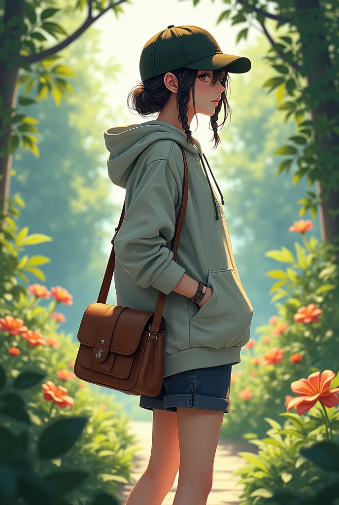 A girl wearing hoodie,with hair braided ,.without glasses, without earings, witha mini bag and a Wrist Band, wearing cap and also add a garden background 