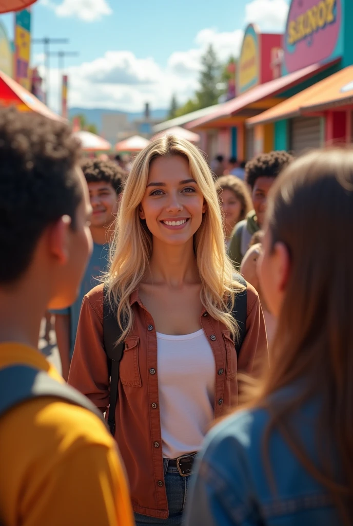 Latina teacher with blonde hair and light eyes surrounded by her teenage students in the middle of an amusement park 