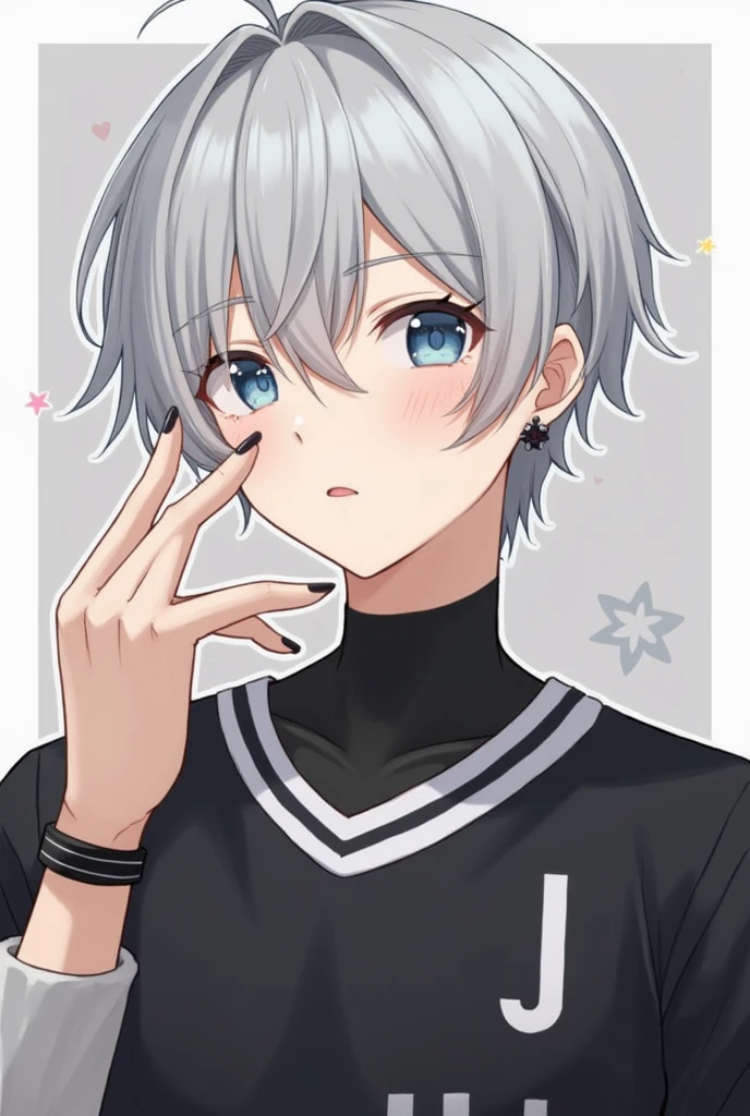 Handsome、Kind eyes、Gray Hair,、Neckline 15cm、Shortcuts、Black jersey、Black Nail、On the left earlobe２Pieces of earrings、Eye color is light blue