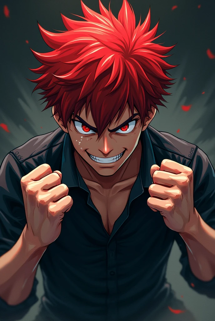 Make a scary boy, handsome with red hair and a sadistic smile in a fighting pose with anime art 