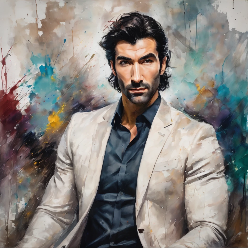 Messy painting style portrait of a Justin Baldoni lookalike, white, neck length hair, suit, rich, muscular, grizzling brown hair, short beard, serious