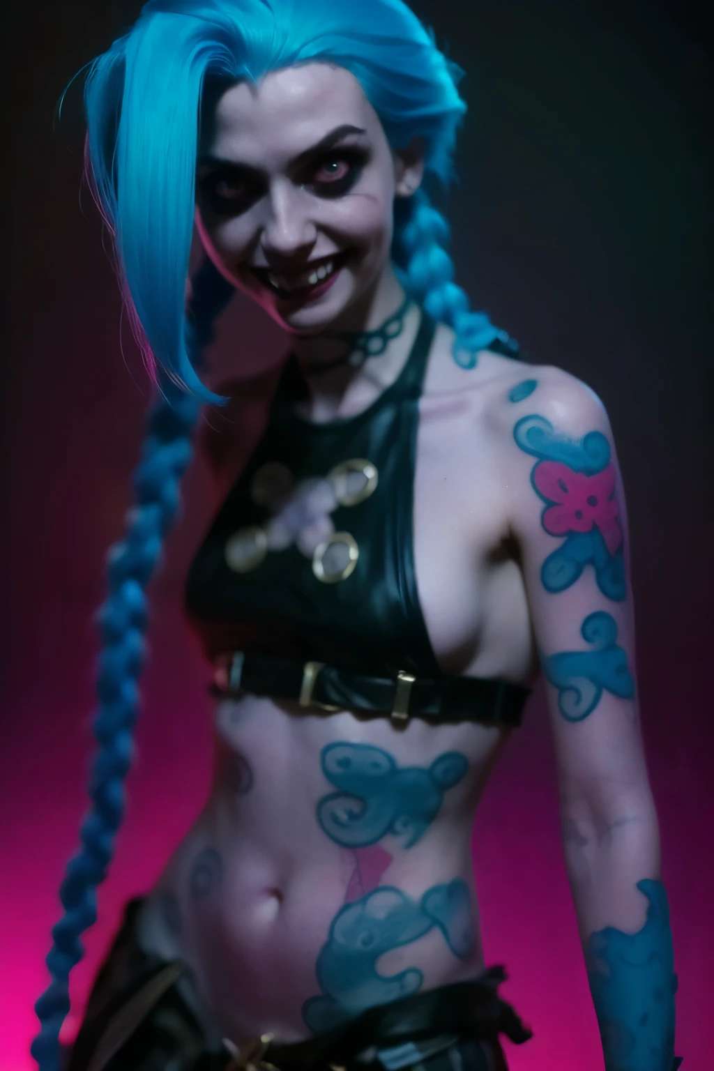 Hyper realistic super detailed Jinx cosplay ,(( Young girl, 15 years old)) , Very detailed, (hyper realistic: 1.4), ((in dynamic fight pose)) , ((angry face)) , twin braids, long hair, blue hair, red eyes, (((blue tattoo on arm))) , ((skinny body)) , (((psycho face, creppy smiling) )), arcane style. ((Grunge Neon grafitti background, cinematic lighting)).