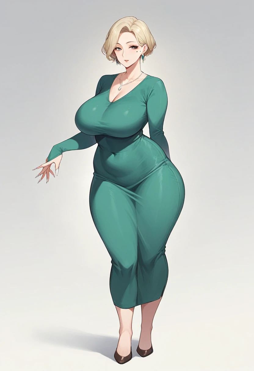 1girl, solo, short hair, short, bob hairstyle, hair bangs covering her entire forehead, large breasts, wide hips, thick thighs, 45 year old woman, blonde hair, small feet, white nail polish, long fingernails,  full body shown, standing, tight long sleeve short green dress, flats shoes, dark brown footwear, milf, milf body, entire body shown, facing forward, earrings, small necklace, pencil dress, beauty mark on breast