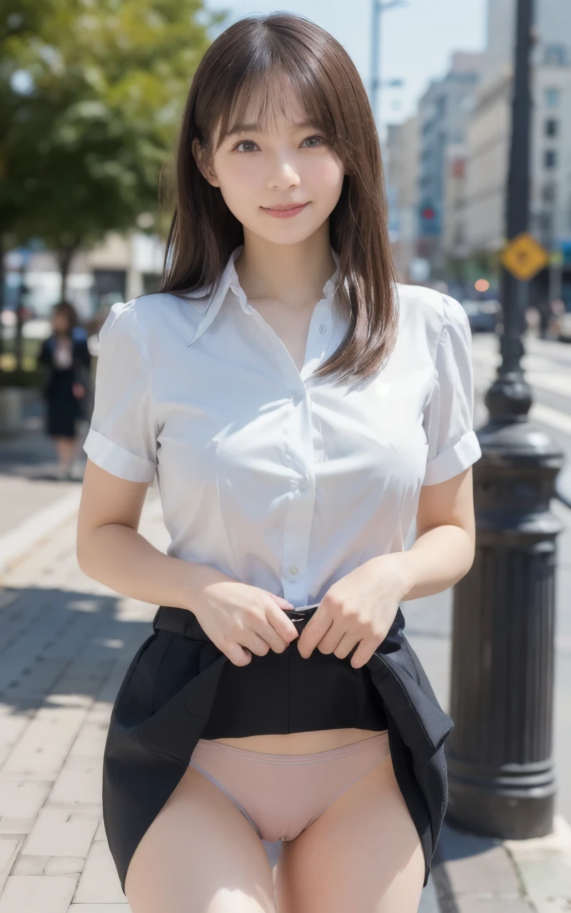 Woman in a suit standing on the sidewalk,((40-year-old woman))、Big Breasts、Dark brown hair color、Hairstyles with bangr.々Hair style、Hair styles of different lengths、(8k, RAW Photos, highest quality, Tabletop: 1.2),、(Realistic, Realistic: 1.3), Cityscape, Day, Sunny Morning, Professional Lighting, Photon Mapping, shirt, (Woman in a suit,) Silk Suit、Pencil Skirt、Tight Skirt、((Delicate photo)),(Detailed RAW Photos of Girls), (Tabletop:1.25), (highest quality:1.6), (超A high resolution:1.5), (Realistic:1.75), 8K resolution, Canon EOS R5, 50mm, absurdes, Super detailed,Cinema Lighting,(Skirt flip:1.2)、Browsing Caution:1.1、the wind is strong、smile、I flipped up my skirt、Simple panties