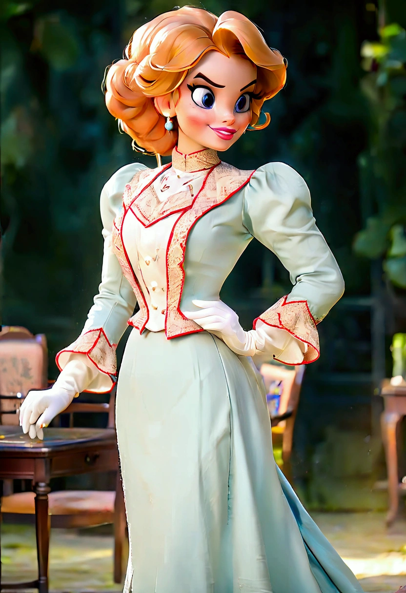 1girl. Humanized Daisy Duck as a hot yo Gibson Girl nympho, seducing a horny 69yo gentleman. 1890s fashion. Victorian high-collar turquoise dress with long sleeves cuffed into wrist-high white silk gloves. Sheer peek-a-boo top. 1890_dr3ss, elegant wide-brimmed picture hat. (((Strawberry blonde hair))). Large bosom, 9-inch wasp waist, big booty. Thicc thot. Slutty demeanor. Sexy pose. Porcelain skin. (((Full body))). Reddish blonde hair. Big blue eyes. Dimple cheeks. Big, coquettish smile. Full lips. Lifting her skirts, revealing her petticoats, stockings and boots 