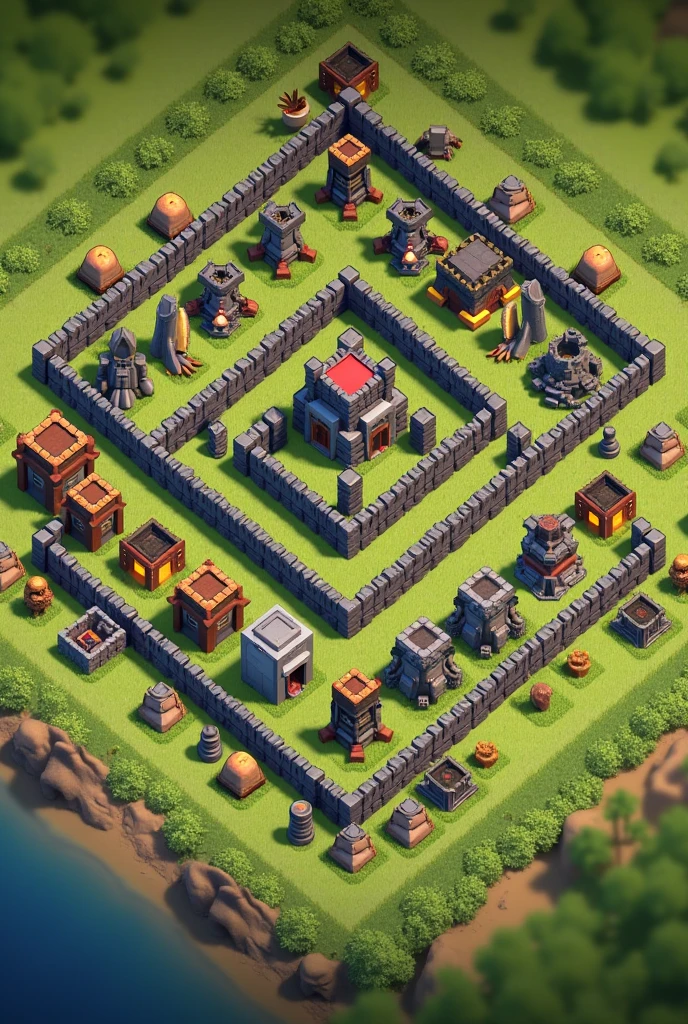 Create a clan of clan distribution for town hall 10 so that it is impossible for the entire village to be demolished in one attack. Show the distribution of where each thing will be placed, cannon, etc.