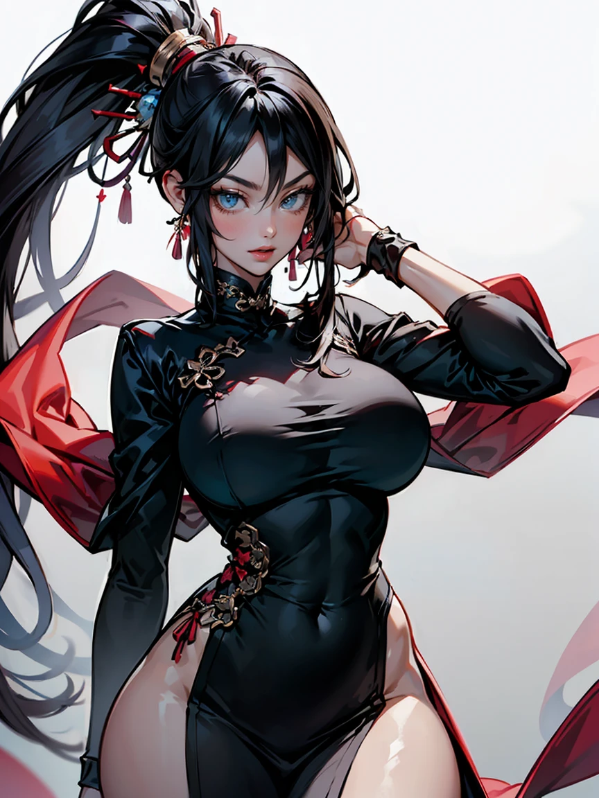 (masterpiece, best quality, perfect face, (beautiful and aesthetic:1.2), extremely detailed, highest detailed face), (beautiful cultivator, (long ponytail hair:1.4), (vivid eyes:1.2), (flawless skin:1.3), fake breasts, (narrow waist), (thick thighs), wide hips, long legs, (slender body:1.2), ((very skimpy qipao dress), ((xanxia fantasy backgeound)), (high quality, hyperrealistic, CG, unity, 4k),