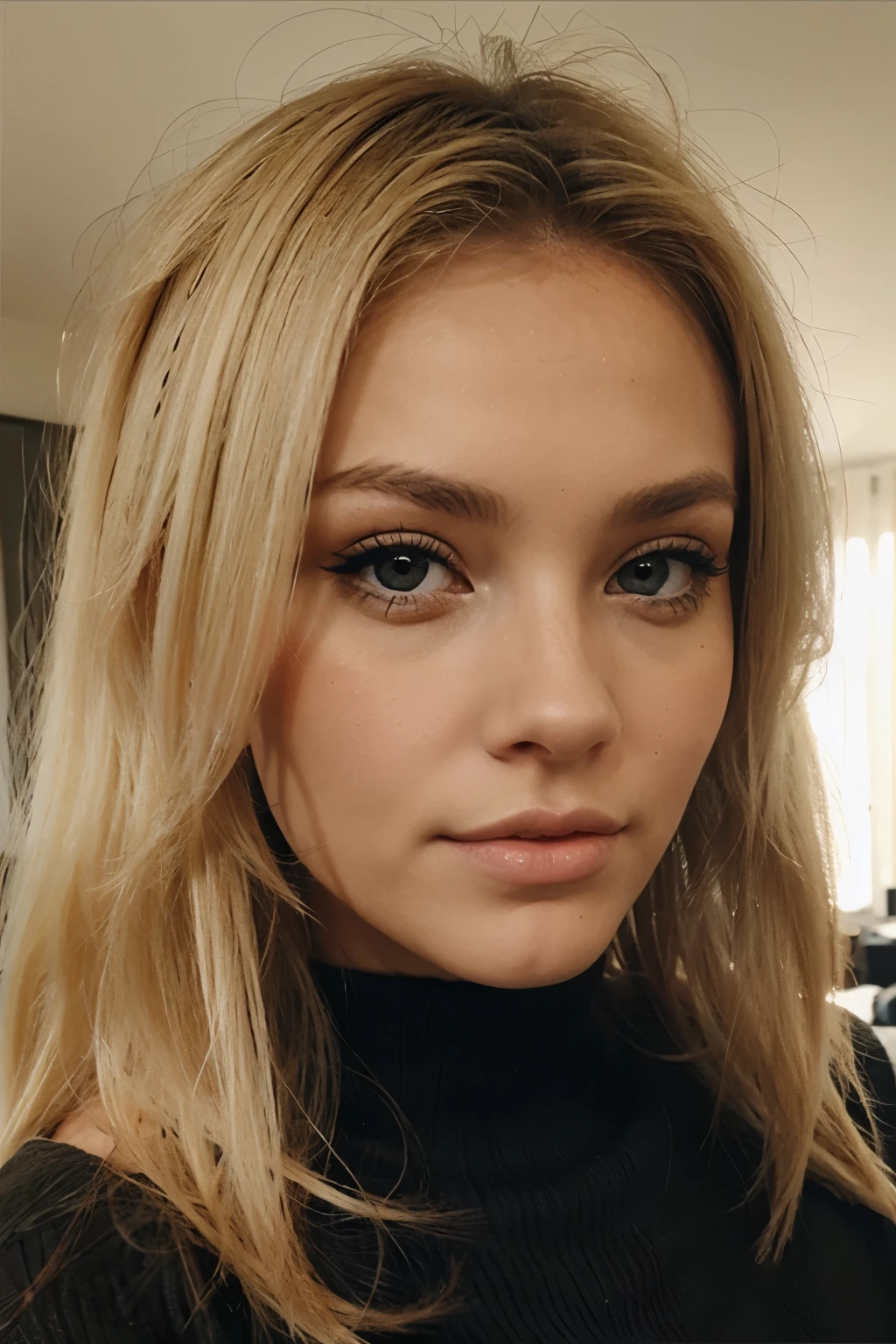 femme blonde cheveux longs avec les yeux foncées
