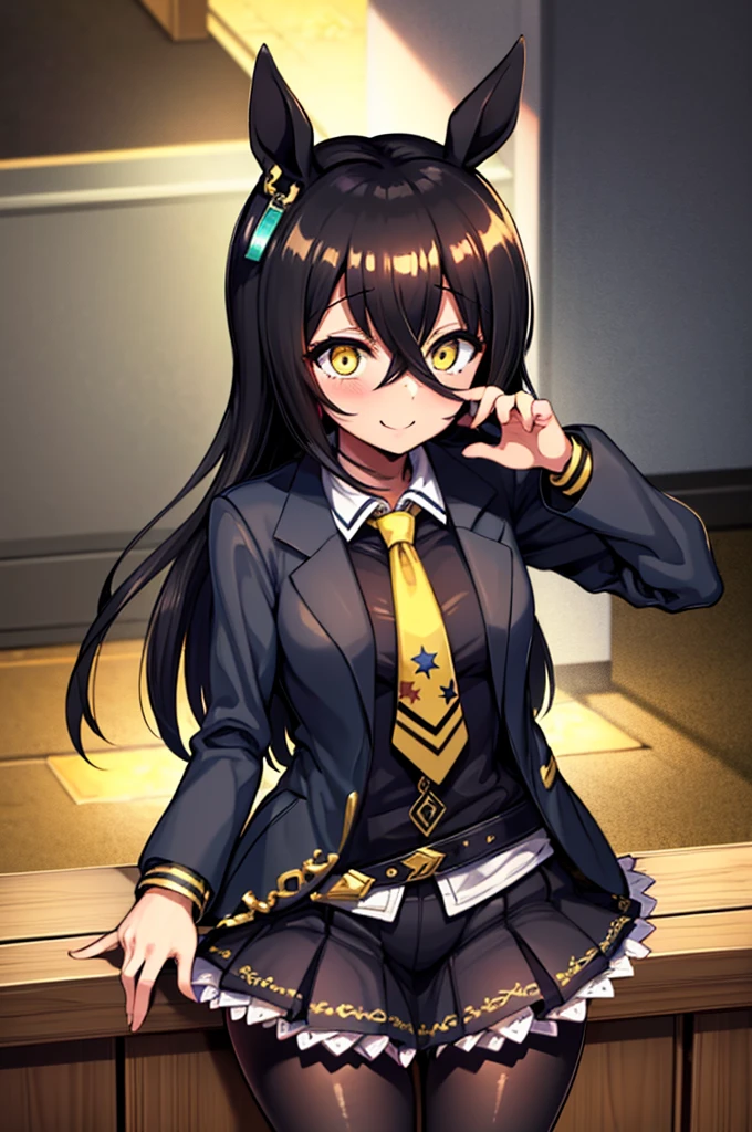 masterpiece, Highest quality:1.2), Manhattan cafe(umamusume), One Woman, alone,Glowing Skin、Yellow Eyes、Eyes without highlights、Thick legs、Are standing、Cowboy Shot、smile、Black Skirt,Black Business Shirt、Yellow tie,Black jacket,pantyhose、Blowjob practice