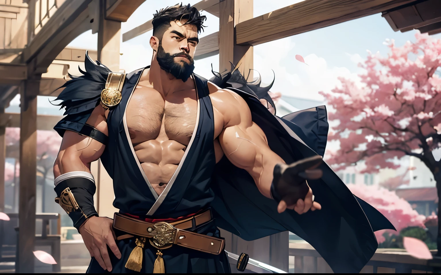 Masterpiece, Best Quality, Ultra-Detailed, 1man, mature male, 28 years old, big, strong, hunk, bara, jock, large shoulders, large chest, abs, huge biceps, huge arms, huge forearms, beard, thick beard, full beard, A muscular, imposing warrior with a physique reminiscent of a samurai. He wears a traditional sleeveless gi with a soft white color, allowing his powerful arms to be fully visible. The gi has an open neckline, revealing part of his chest and shoulders, emphasizing his strength. Around his waist, a wide navy-blue sash is tied, decorated with golden details, securing a flowing fabric that hangs down below the belt. This sash resembles an obi and features a gold ornament at the front, possibly a brooch or charm. He carries two swords in black and gold sheaths at his waist, one of which he holds firmly in his hand. The blade of this sword emits a glowing purple light, hinting at its magical properties. His hair is short, black, and stylishly cut, with dark sides, giving him a modern and commanding appearance. The setting around him evokes a sense of calm and strength, with cherry blossom petals gently falling in the background. Despite the peaceful surroundings, the glow of his sword suggests he is always ready for battle.