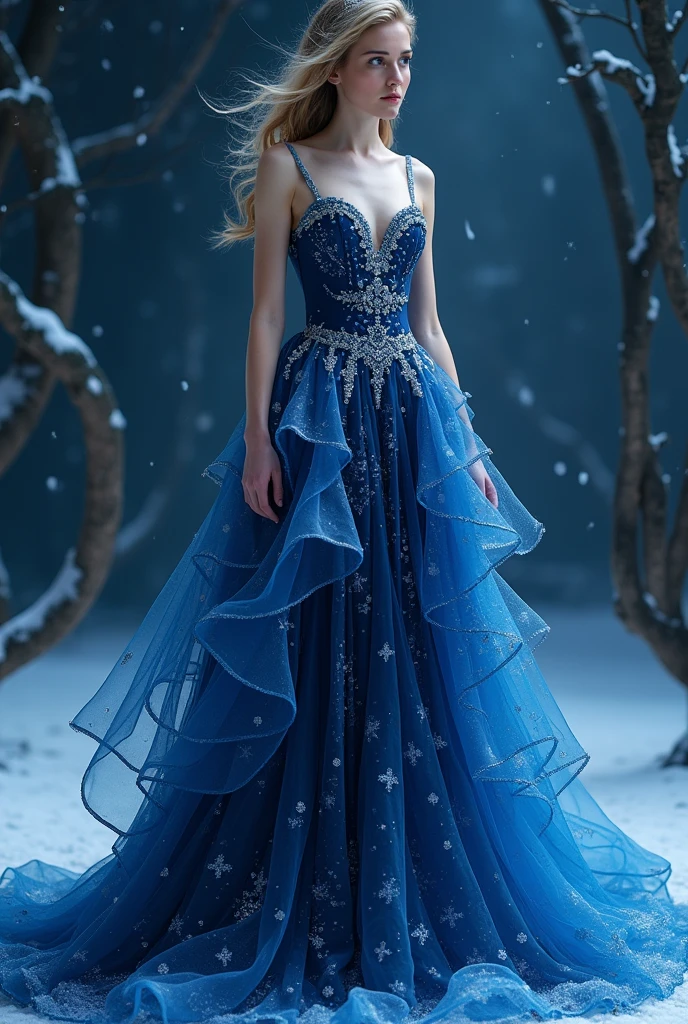  deep blue gown,no sleeves, the color of the winter night sky. The bodice is embroidered with tiny silver snowflakes, and the skirt is made of layers of sheer fabric that flow down to the floor, like waves of ice.