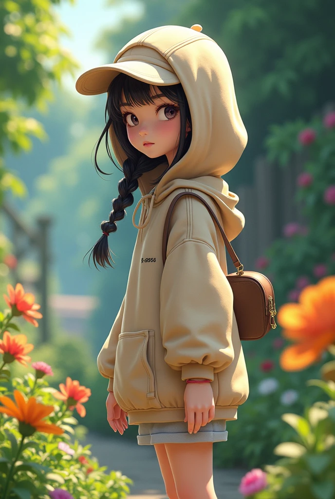A girl wearing hoodie,with hair braided ,.without glasses, without earings, witha mini bag and a Wrist Band, wearing cap and also add a garden background 