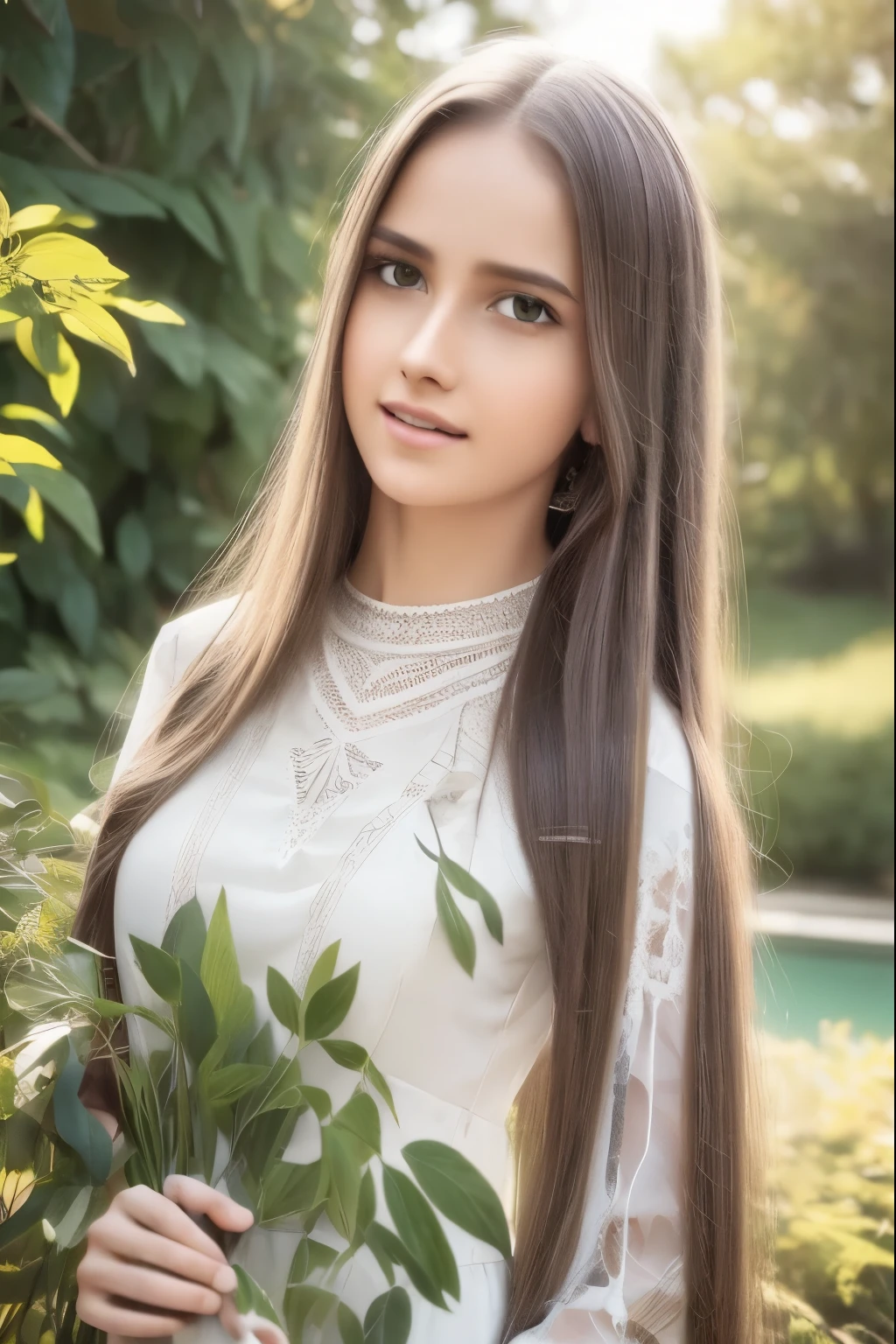 best quality,4k,8k,highres,masterpiece:1.2),ultra-detailed,(realistic,photorealistic,photo-realistic:1.37),a girl in a beautiful garden, long flowing hair, detailed face with beautiful eyes, nose, and lips, elegant dress, graceful posture, natural lighting, lush foliage, colorful flowers, serene pond, warm color palette, cinematic composition
