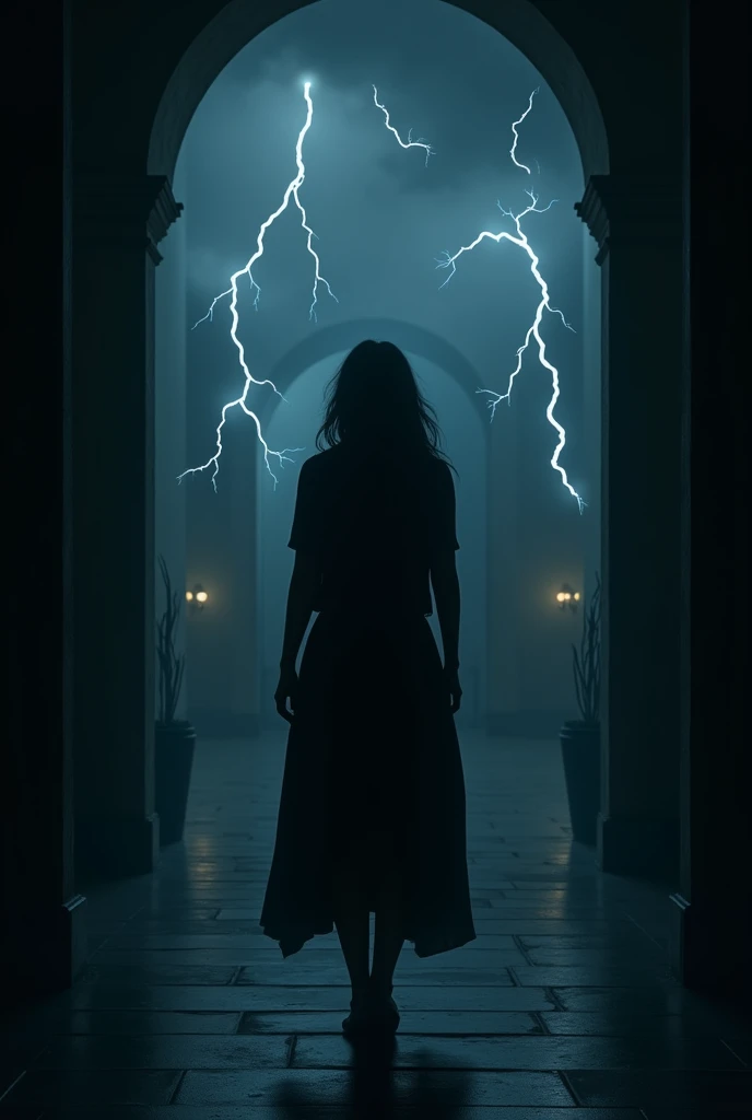 woman from behind in a night scene, very dark, in the lobby of a building with darkness, Raby, Lightning and lightning