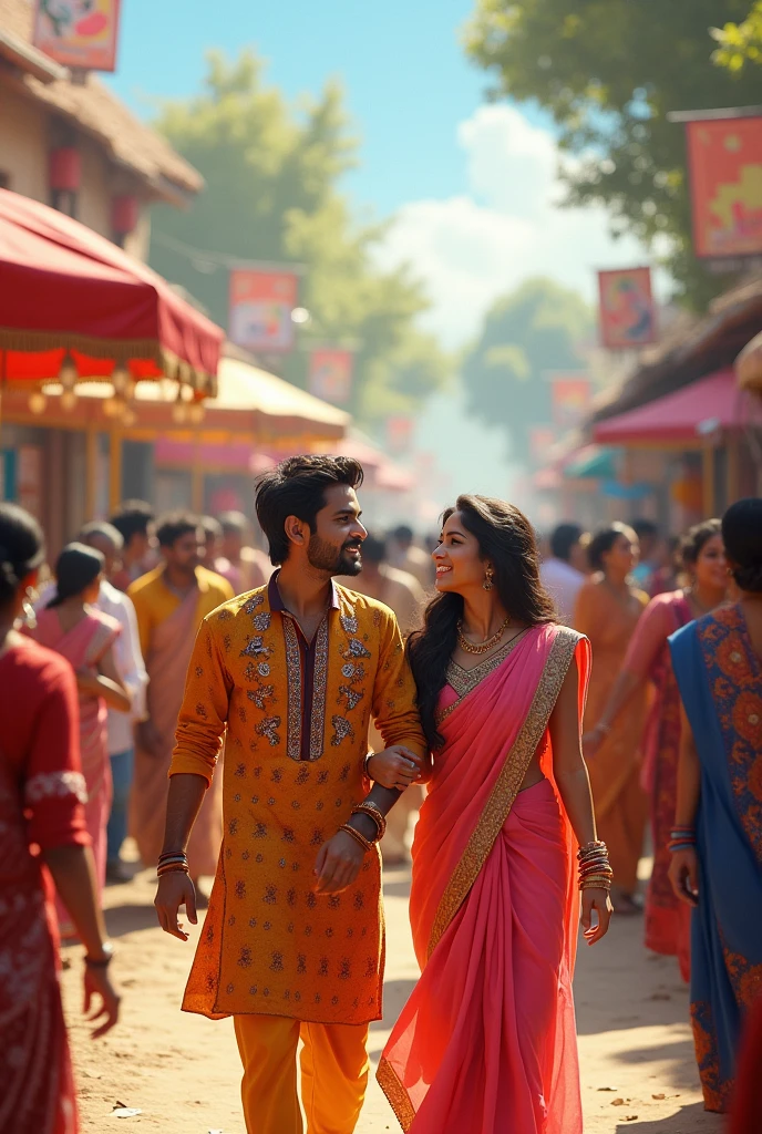 A vibrant village fair is in full swing. People in colorful attire are enjoying various stalls and games. Rishi and Aarohi, both in their early twenties, meet amidst the chaos.