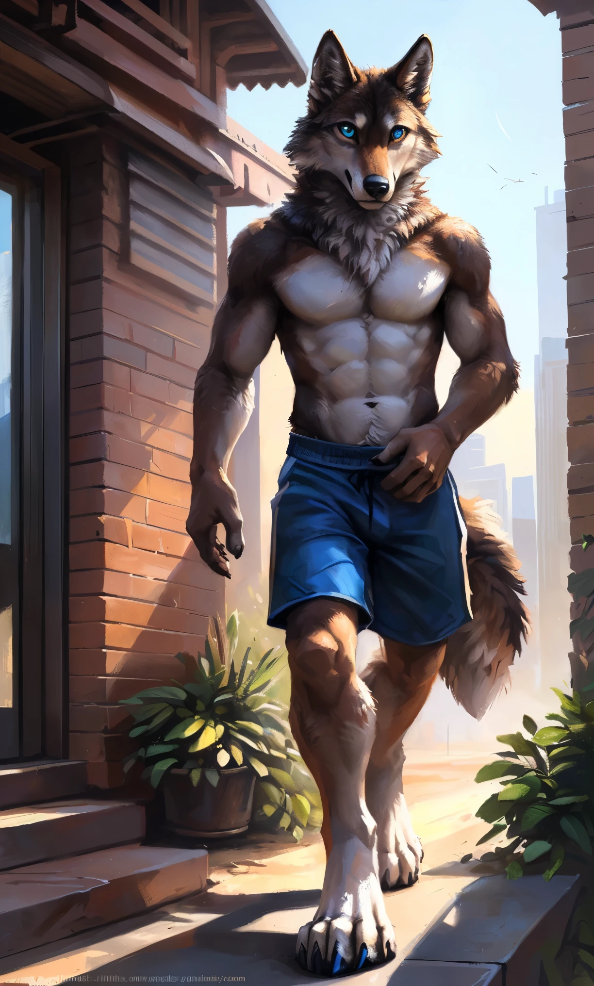 ((Solo)), male people, anthro wolf, (Multi-colored fur, White-brown:1.3,White tail pointed), (Height 2.1m,Tail length 1.2m), ((Wolf face, Big eyes, White eyelids, Blue pupil, Slim:1.2) (Tough, Calm expression:1.2)), Abs, Slim, pinging)), (Correct anatomy), (Work shorts:1.1), The upper body naked, (detailed outfits),A long big tail,Feet,(Realistic fur, Detailed fur texture, labeled:1.3)), (Natural lighting), Photorealistic, Hyperrealistic, ultradetailed, by Kenket,Modern city,erect through,Running on