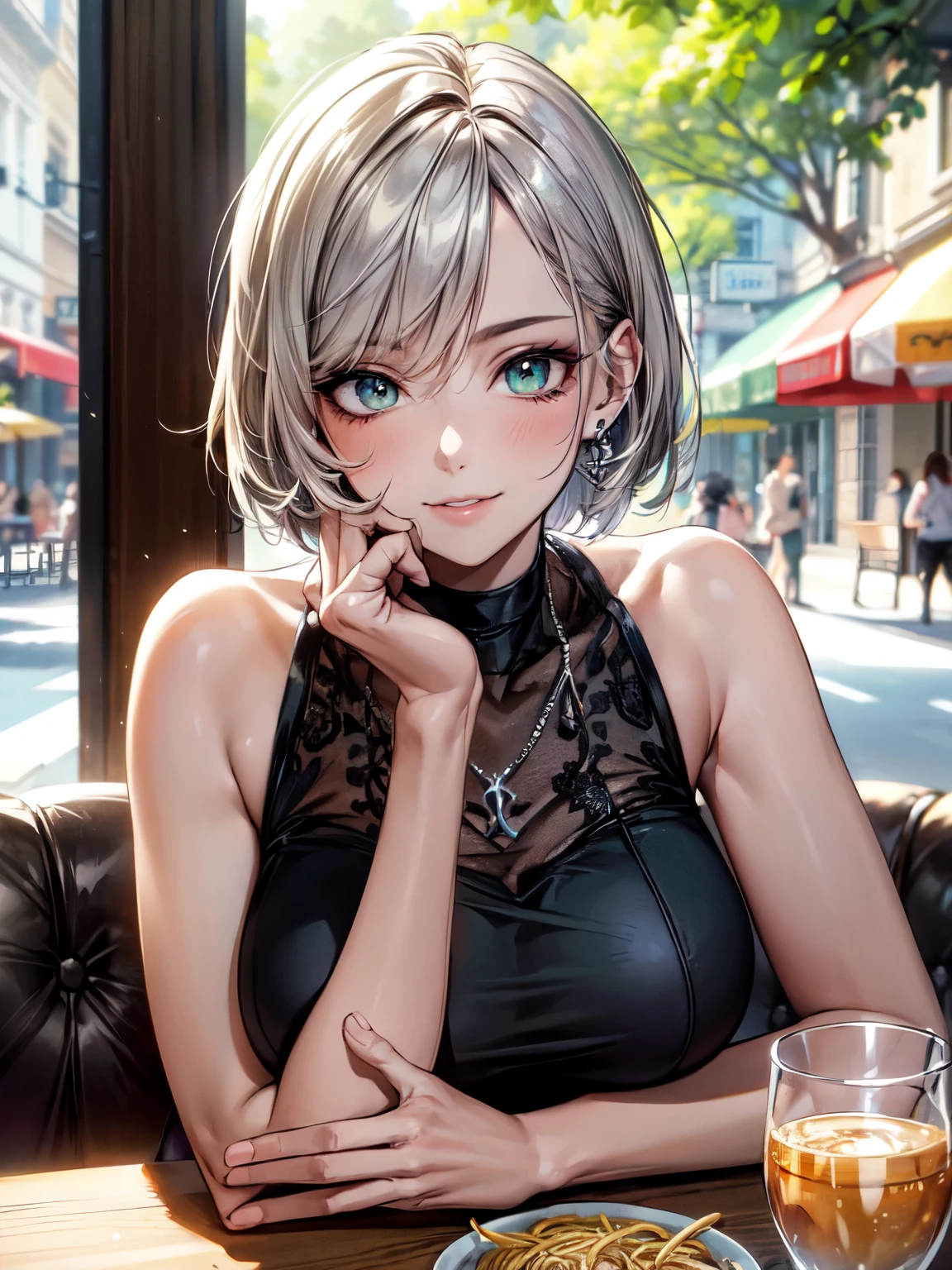 (RAW photo:1), (best quality:1.3), (masterpiece:1.3), (ultra-detailed:1.3), (beautiful:1), (beautiful detailed eyes:1.1), (extreme detailed illustration:1.3), (professional lighting, face lighting:1.2), (perfect anatomy, left to right balance, Perfect Hands,Perfect Fingers,Perfect Limbs,Perfect Body,Correct Human Body, beautiful eyes:1.3), soft light, beautiful body, (32 years old: 1.2, milf), (light brown hair:1.3), short hair, bob cut hairstyle: 1.3, (light brown eyes:1.2), fitness trainer, focused and professional, extreme detailed illustration, (portrait of a person, DSLR style, shallow depth of field, background blur, bokeh effect, f/1.8:1.1), 1girl, (smile:1.2), (cute:1.2), happy, twenties, looking at viewer, wearing trendy outfit, mesh drape sleeveless top, silver chain necklace, green piercings, silver bracelet, breasts rest, person enjoying pasta lunch, outdoor cafe setting, vibrant city atmosphere, photorealistic, detailed focus on pasta dish, wide angle