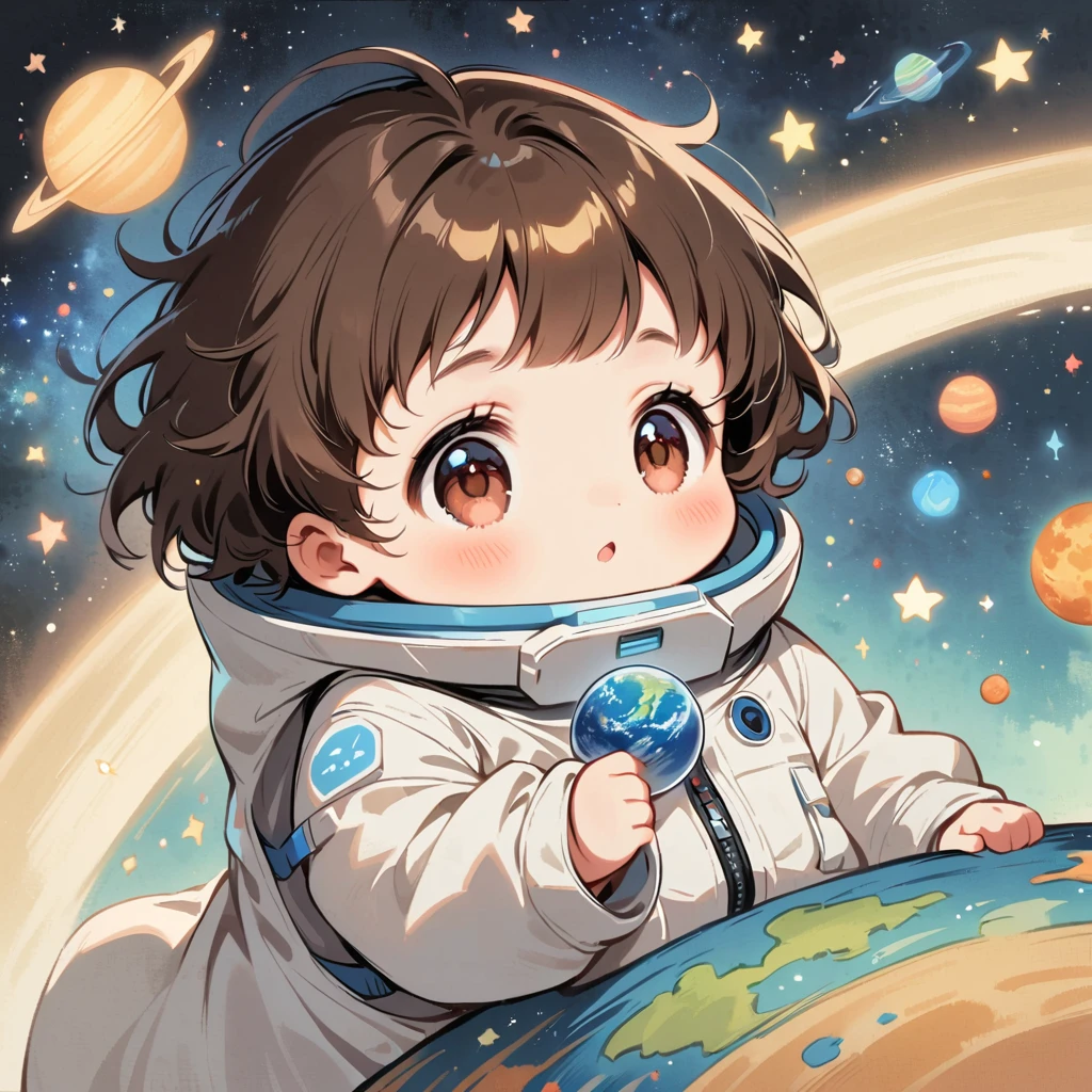Baby Girl sit in spacesuit floating in space,brown hair, surrounded by the Milky Way, the universe , cutely. with clothes
