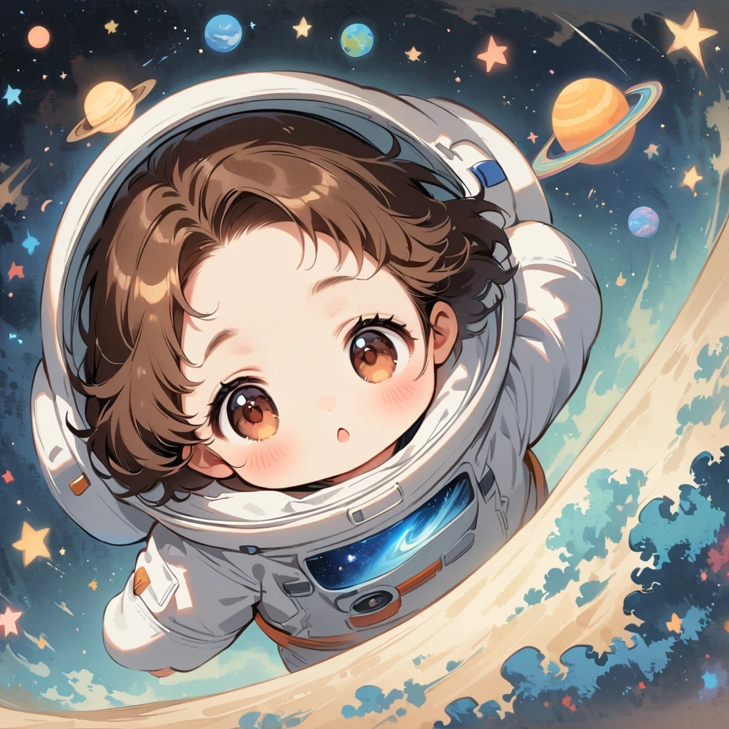 Girl sit in spacesuit floating in space,brown hair, surrounded by the Milky Way, the universe , cutely. with clothes