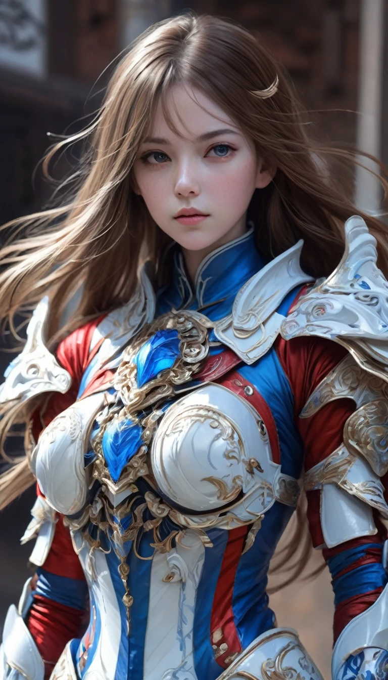 front_watch, Masterpiece, best quality, realistic, raw photos, (1 girl, looking at watcher), long hair, White armor, Complex armor, The pattern is a delicate blue line., Intricate patterns, Red metal parts, As for the details, dynamic gesture, Detailed background, dynamic light,