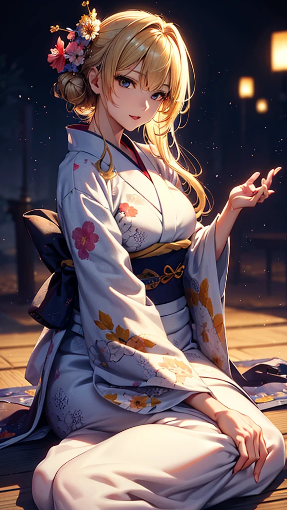 masterpiece, high quality, 4K, Beautiful design, silhouette,blonde, 非常に詳細な夜のStarry Sky,Flower Field, wonderful, Finer details, Very knowledgeable woman, Highly detailed solo, 1 female,,Butt Emphasukata in white color,Night view,Starry Sky,full moon,How to sit,Tsukimi sake,Evening drinks,