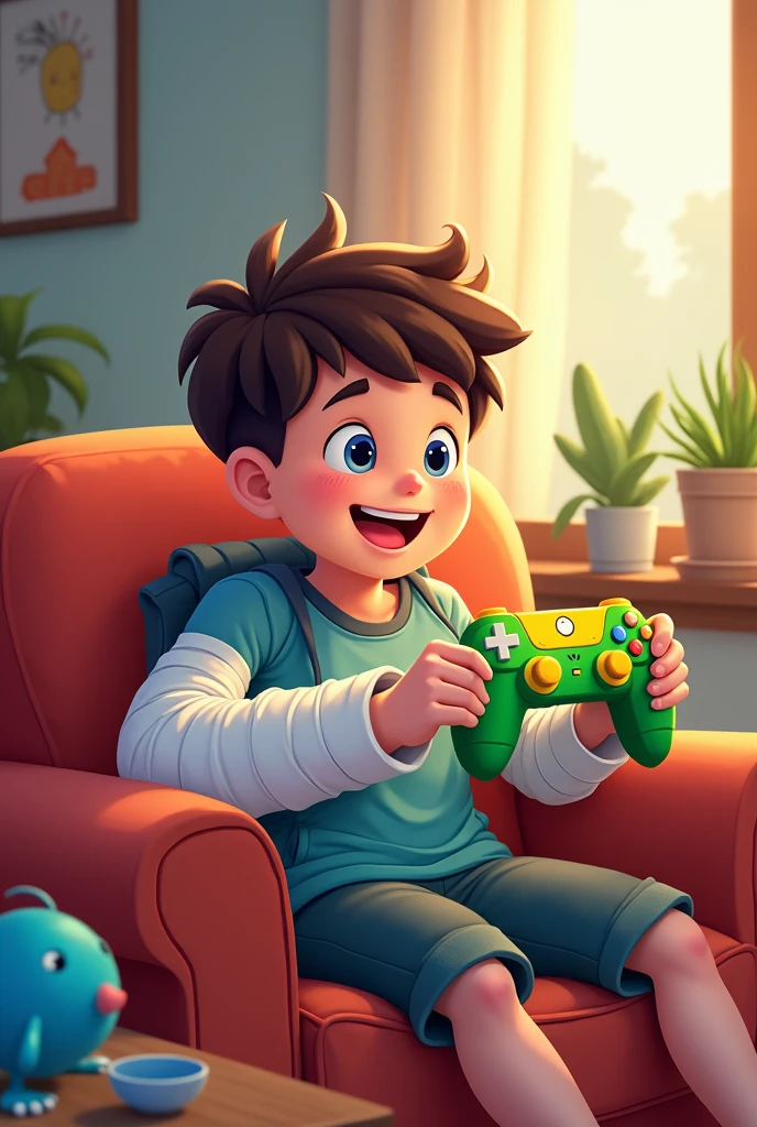 Boy with a broken arm in a cast playing video games with a green flnd cartoon format