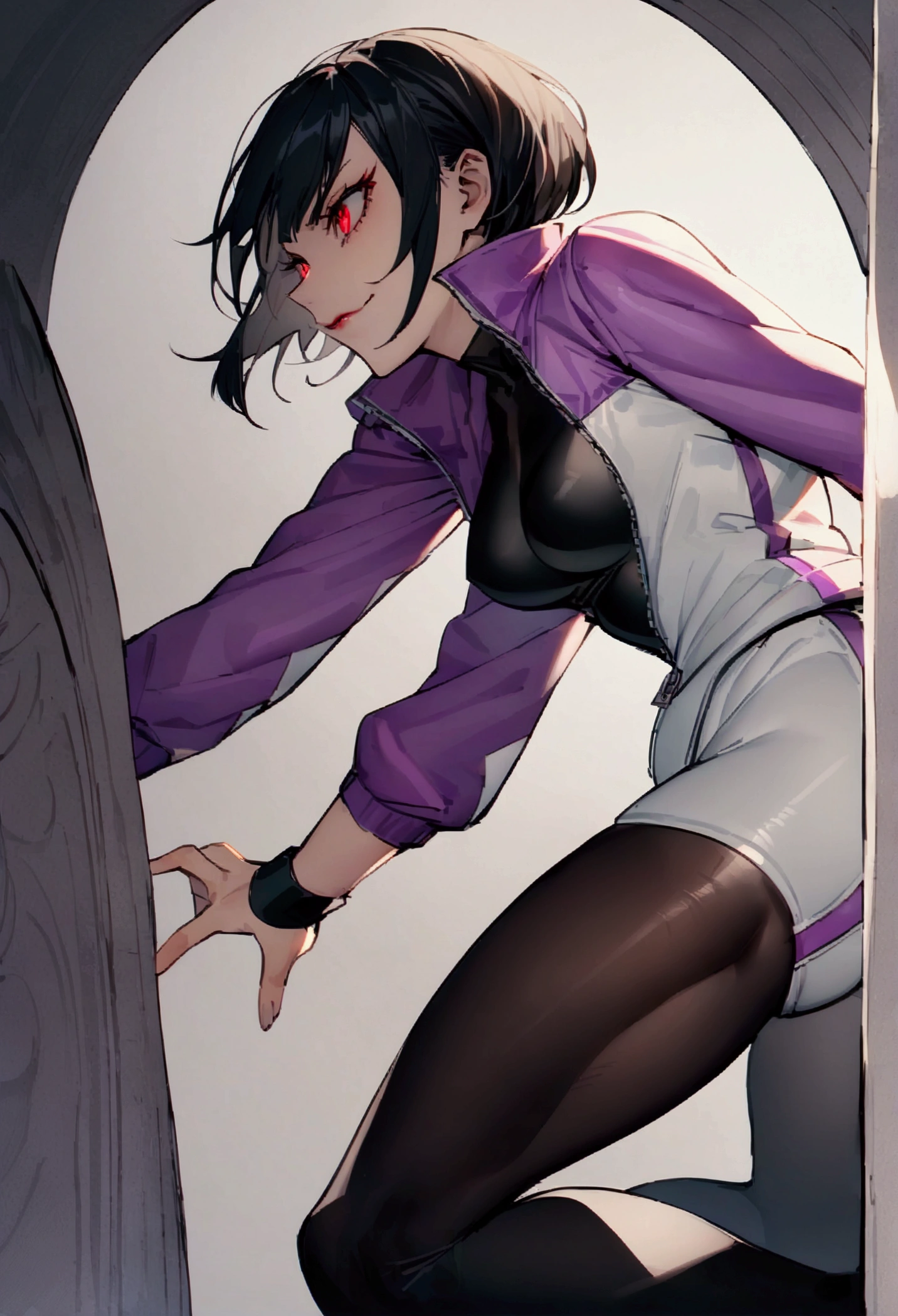 独奏,work of art,face detailed,beautiful young fitness woman with , in a gym wearing May with black pantyhose, white and purple tight short gym jacket.tight white shorts Alone,red eyes glowing,Evil smile,legging preto ,labiaa,dark eye shadow,shining eyes,a hand leaning against the wall,crouched,neckleace,jacket zipper half open,Tight black shirt,white sports tennis shoes,short hair with purple details,beautiful curves,whole body,hair with purple details,labiaa,detailed face and eyes,work of art,sexy look,crouched,pefil from sideways,from sideways,confrontation
