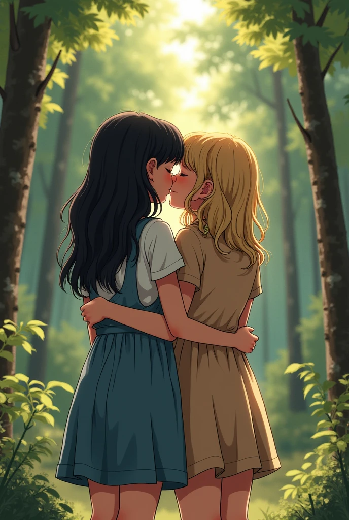 (masterpiece:1.2, best quality), (highly detailed:1.3), 2girl, li, flat chest, white panties, naked bottom, white t-shirt, kissing, in water, forest lake,