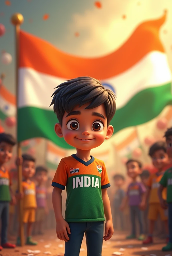 A boy name devansh has the flag of India and hi is celebrating independence day and his name devansh is on his jersey type "devansh" on his jersey
