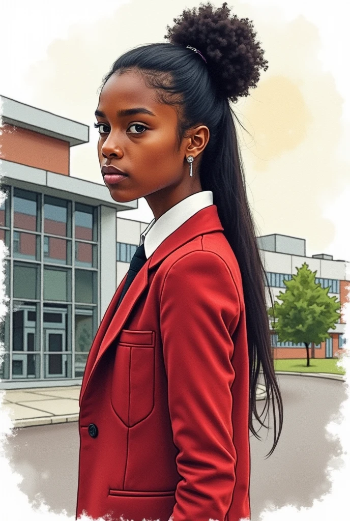 A black 16 yr old girl wearing red school uniform looking determined and over her shoulder her natural hair is tied in high Ponytail.the background is a modern school building and the image is  watercolor painting 