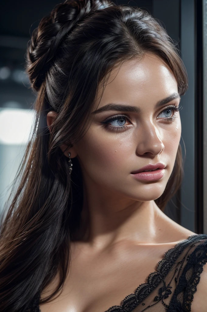 a white woman with long black curls, beautiful detailed eyes, beautiful detailed lips, extremely detailed face, longeyelashes, simple bun, slumped on couch, exhaustion, dark circles under eyes, vibrant complexion, weary tone, crying, sad, nervous, (best quality,4k,8k,highres,masterpiece:1.2),ultra-detailed,(realistic,photorealistic,photo-realistic:1.37),HDR,UHD,studio lighting,ultra-fine painting,sharp focus,physically-based rendering,extreme detail description,professional,vivid colors,bokeh,portrait