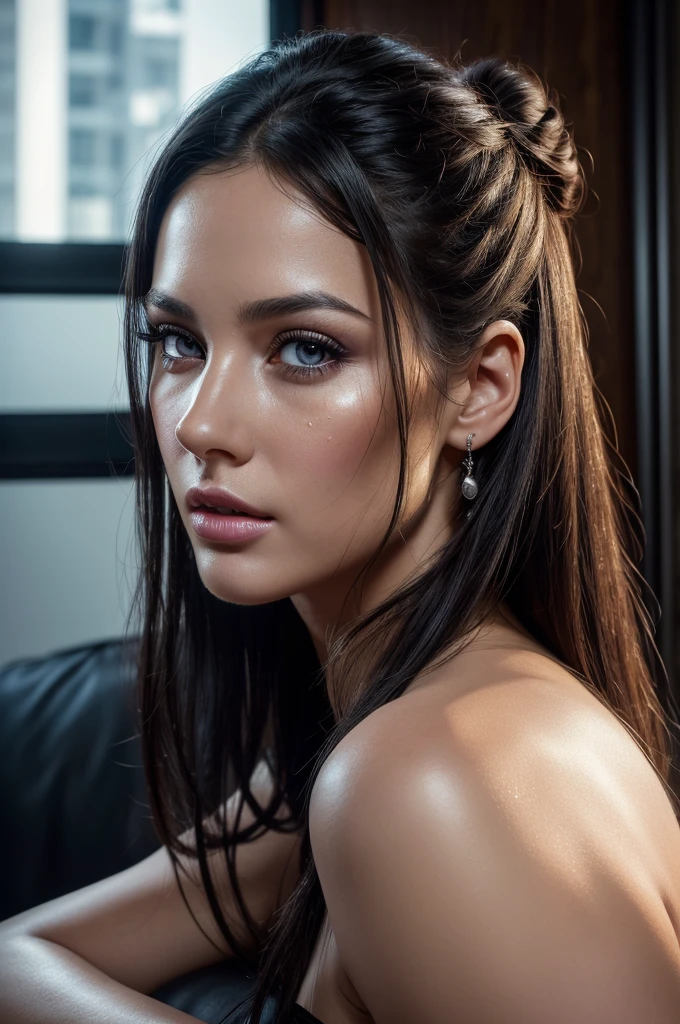 a white woman with long black curls, beautiful detailed eyes, beautiful detailed lips, extremely detailed face, longeyelashes, simple bun, slumped on couch, exhaustion, dark circles under eyes, vibrant complexion, weary tone, crying, sad, nervous, (best quality,4k,8k,highres,masterpiece:1.2),ultra-detailed,(realistic,photorealistic,photo-realistic:1.37),HDR,UHD,studio lighting,ultra-fine painting,sharp focus,physically-based rendering,extreme detail description,professional,vivid colors,bokeh,portrait