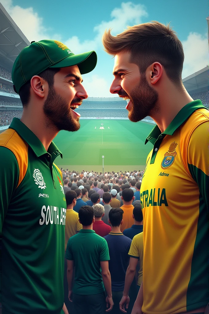 a big tv in tv make a pic CSA 🇿🇦 🆚 AUS 🇦🇺 WITH TWO PLAYERS ONE WEARING CSA JERSEY AND one WEARING AUSTRALIA JERSEY AND THEL BOHT LOOKING AT EACH other with anger
and some mens. people are watching this match
and these people one wearing Indian jersey one wearing Pakistan jersey one wearing England jersey one wearing Sri Lanka jersey one wearing West Indies jersey inye wearing new Zealand jersey