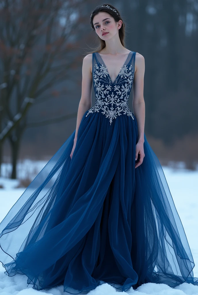 deep blue gown,no sleeves, the color of the winter night sky. The bodice is embroidered with tiny silver snowflakes, and the skirt is made of layers of sheer fabric that flow down to the floor, like waves of ice.