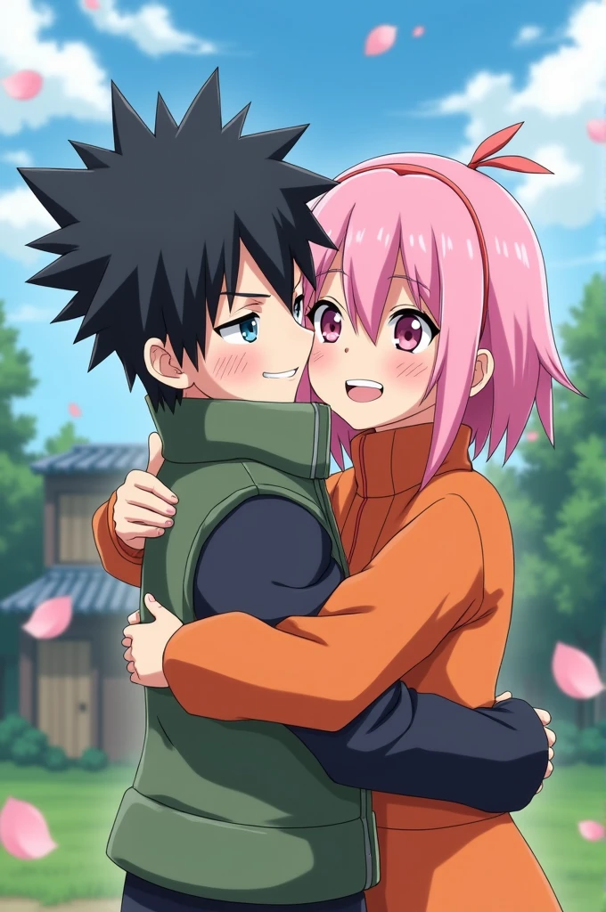 Sakura hugging Rock Lee (from the anime "Naruto")