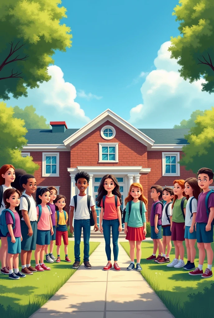 elementary school with teachers, students from grade 1 to 6 lined up and group of friends in a uniform