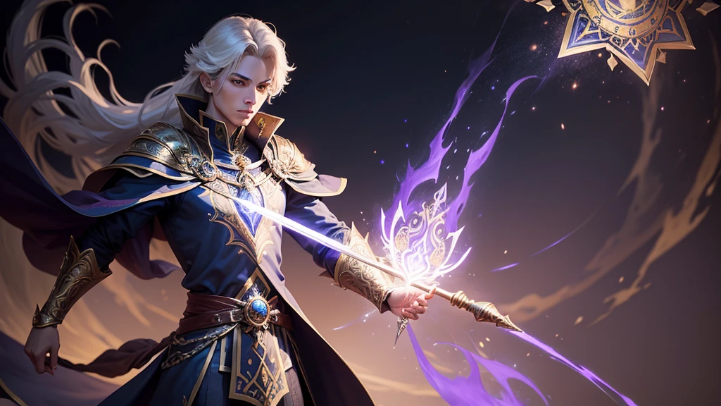 Create an image of the Prince of Mages. He should be depicted with elegant, mage-like attire, adorned with magical symbols. His stance should be regal and commanding, with a magical staff or tome in hand. The background can feature a grand, magical citadel."