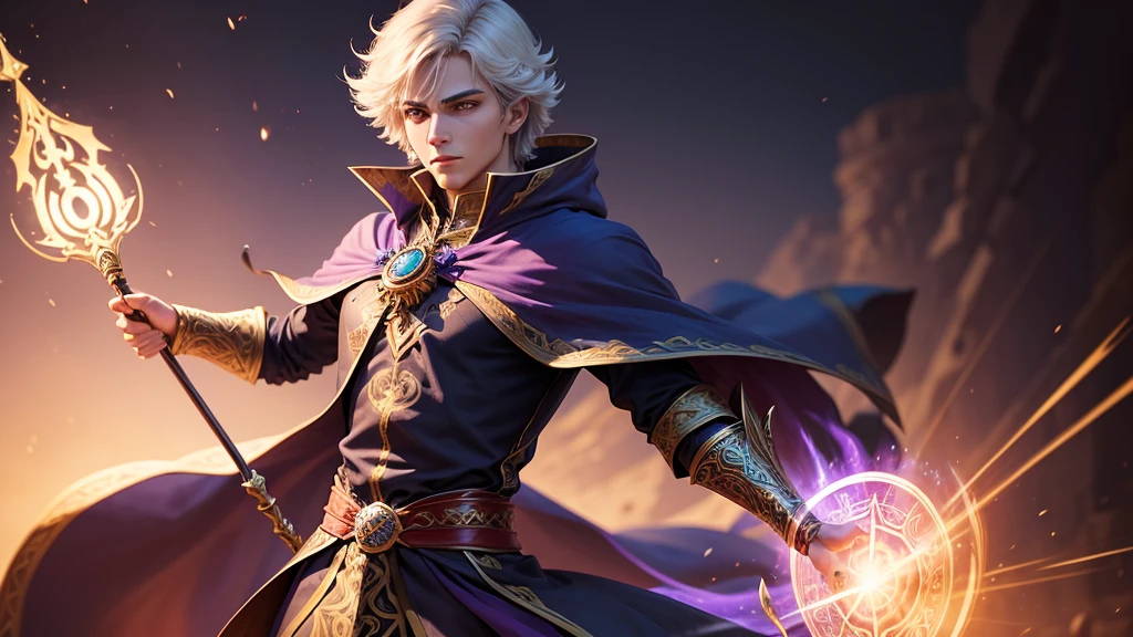 Create an image of the Prince of Mages. He should be depicted with elegant, mage-like attire, adorned with magical symbols. His stance should be regal and commanding, with a magical staff or tome in hand. The background can feature a grand, magical citadel."